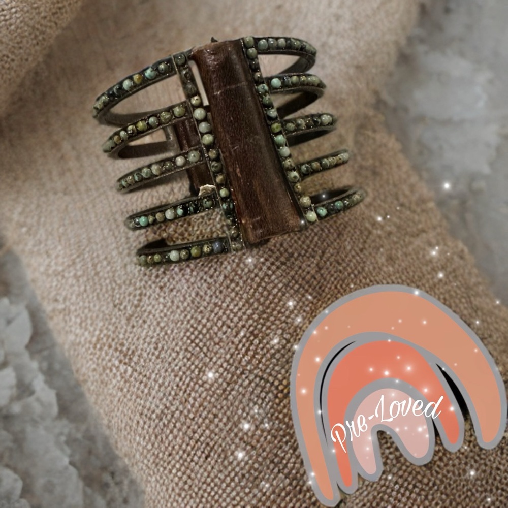 EUC by Rebel Designs. 5-Bar, Metal, African Turquoise, Vintage Leather, Bracelet
